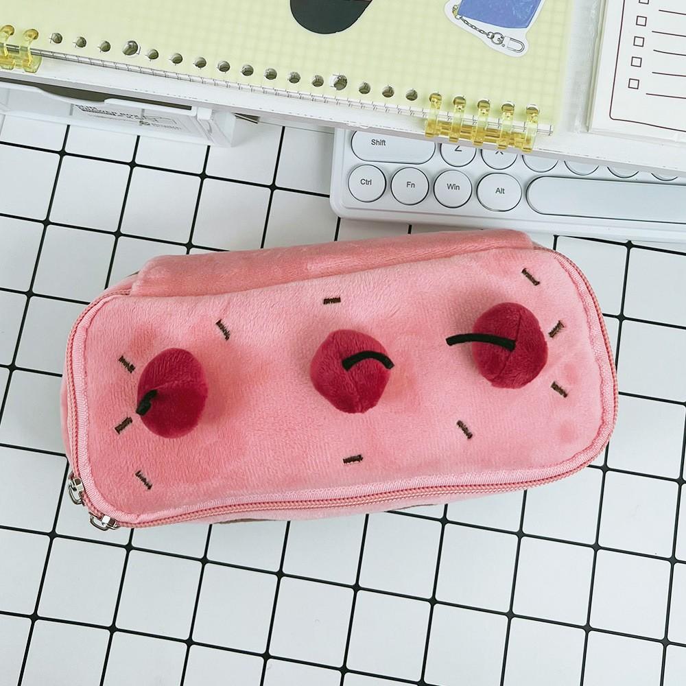Plush Pencil Pouch Fuzzy Pink Cherry Cake Big Capacity Kawaii Plush Pencil Case Student Stationery Storage Portable Bag