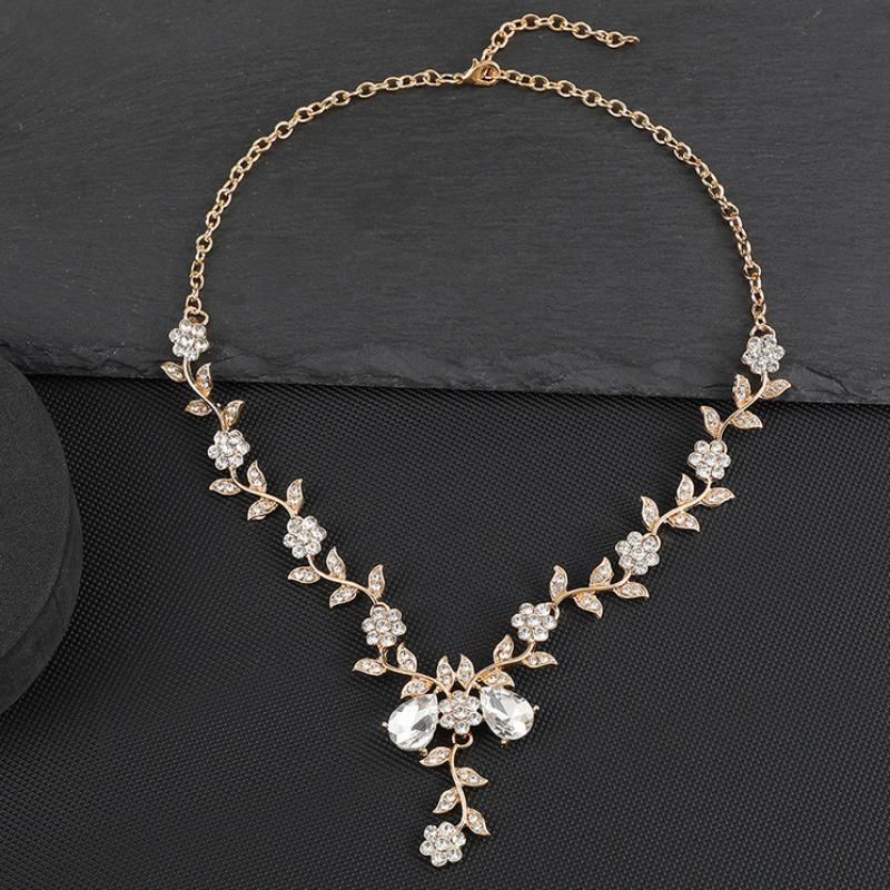 GemChic Women's New Exquisite Alloy Branch Flower Crystal Rhinestone Drops Collarbone Necklace Earrings Two Piece Set Birthday Christmas Jewelry Gift