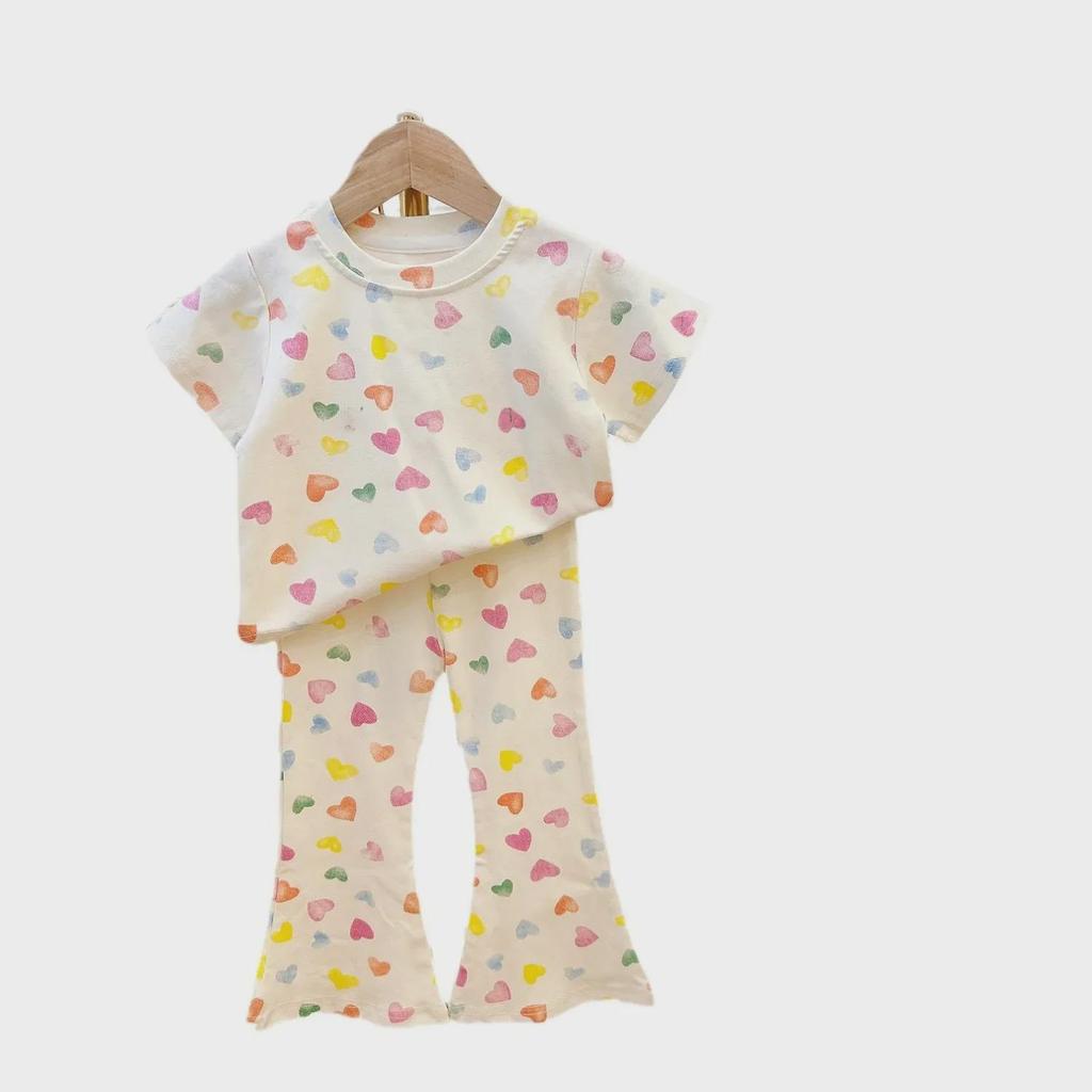 2025 Summer Colorful Love Knit Set: Girls' Baby Top & Flared Pants