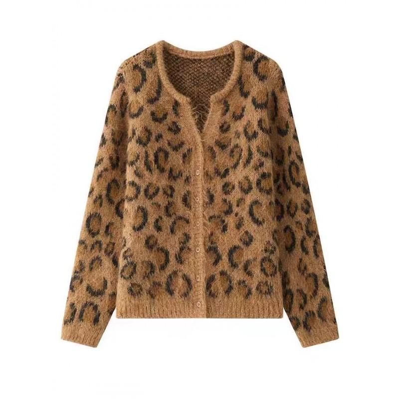 Relaxed Fit Leopard Print Camel Tone Cardigan Sweater Women 2026 Fall Vintage Short Cropped Knit Outerwear