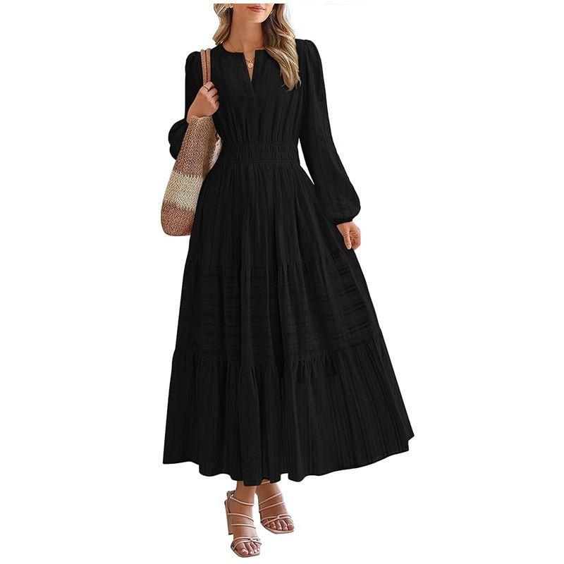 Abito da donna a maniche lunghe con scollo a V, pieghettato e a maniche a sbuffo
