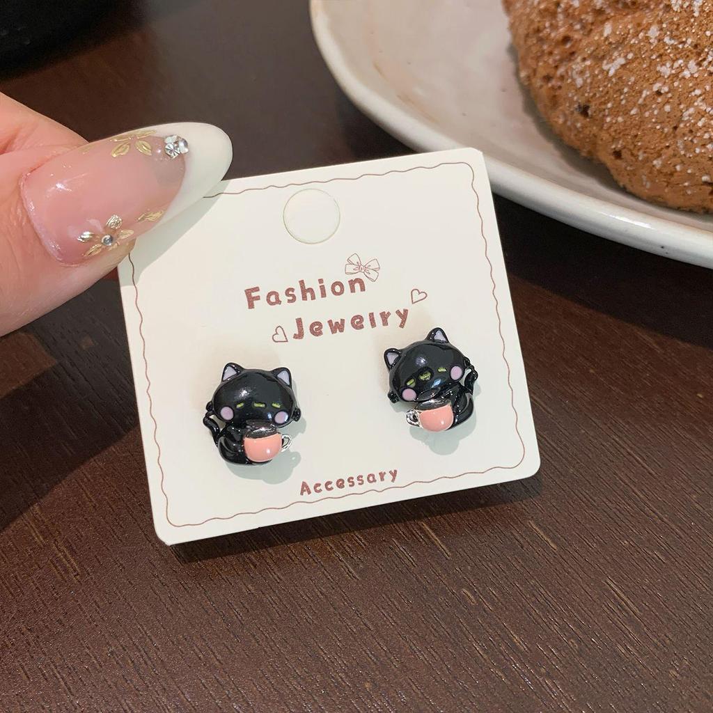 Adorable Black Kitten Stud Earrings: Silver Needle, Cute Tail Design for Women