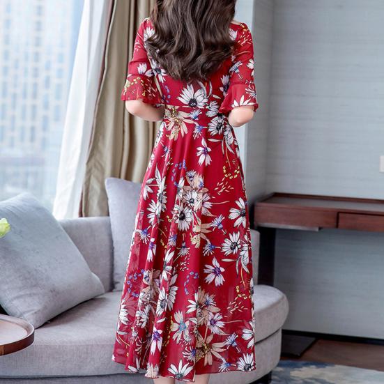 Women's Casual Flowy Chiffon Maxi Dress A-line Ruffle Short Sleeve V Neck Long Dress Boho Floral Summer Dress