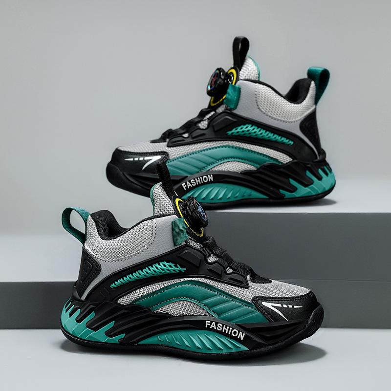 Boys' Shoes Autumn and Winter New Middle-aged and Older Children's Leather Waterproof Casual Sports Shoes Children's Rotating Buckle Running Shoes