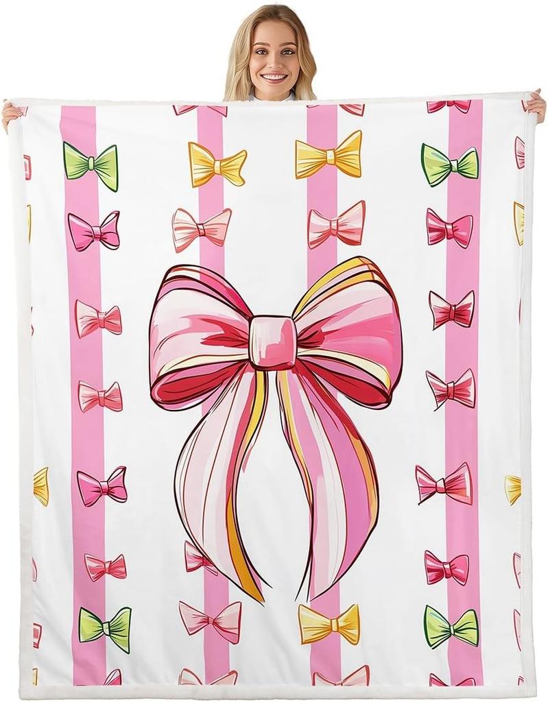 Blue Bow Pattern Blanket Soft Fleece Throw Elegant Home Decor Gift for Women Girls Bedroom Bedding Cover