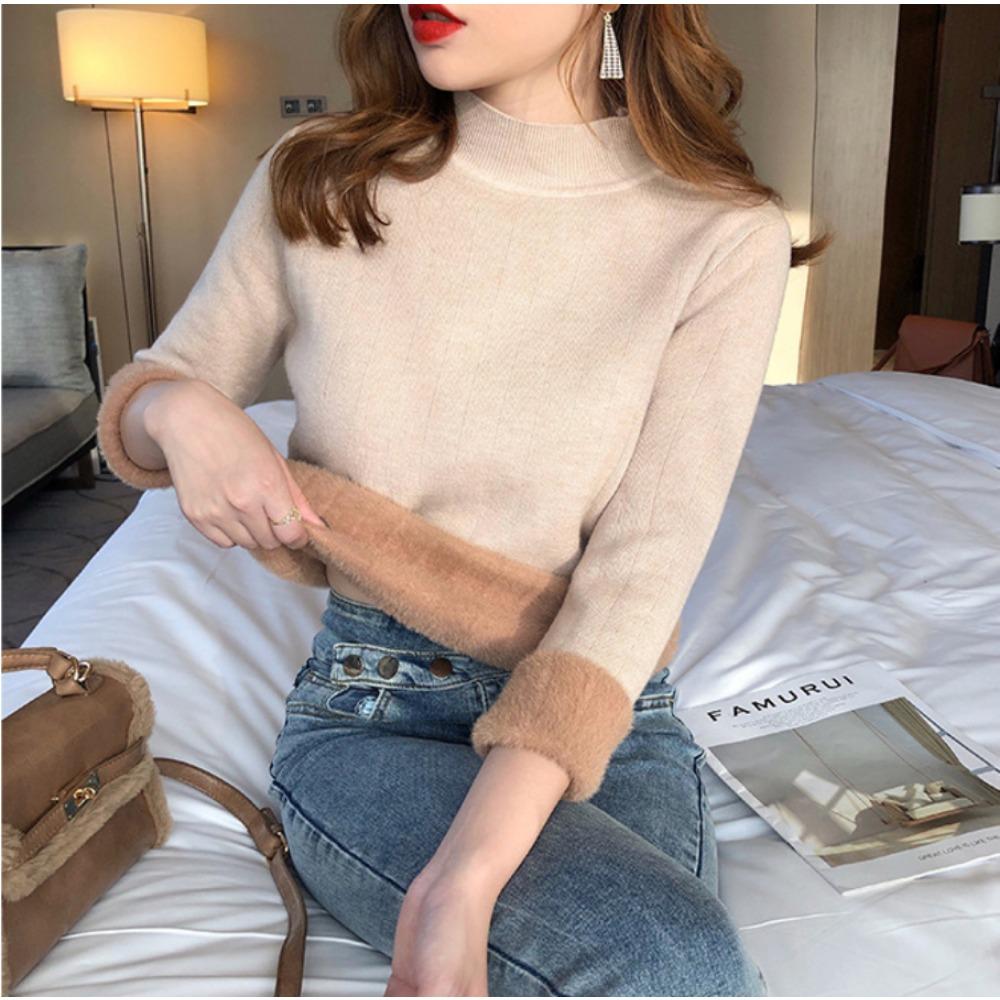 Autumn and Winter Women's Padded Thickened Sweater Single Layer Mid-collar Half-high Neck Knitted Bottoming Shirt Mink Warm Tops