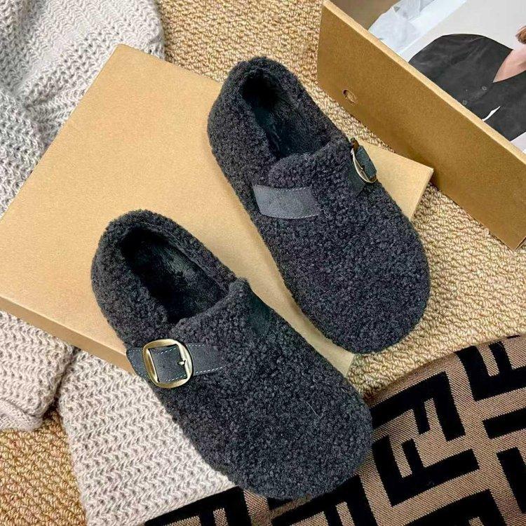 Retro Fluffy Shoes for Women's 2025 Winter New Outer Cotton Shoes, One Pedal Thick-soled Velvet Warm Boken Loafers