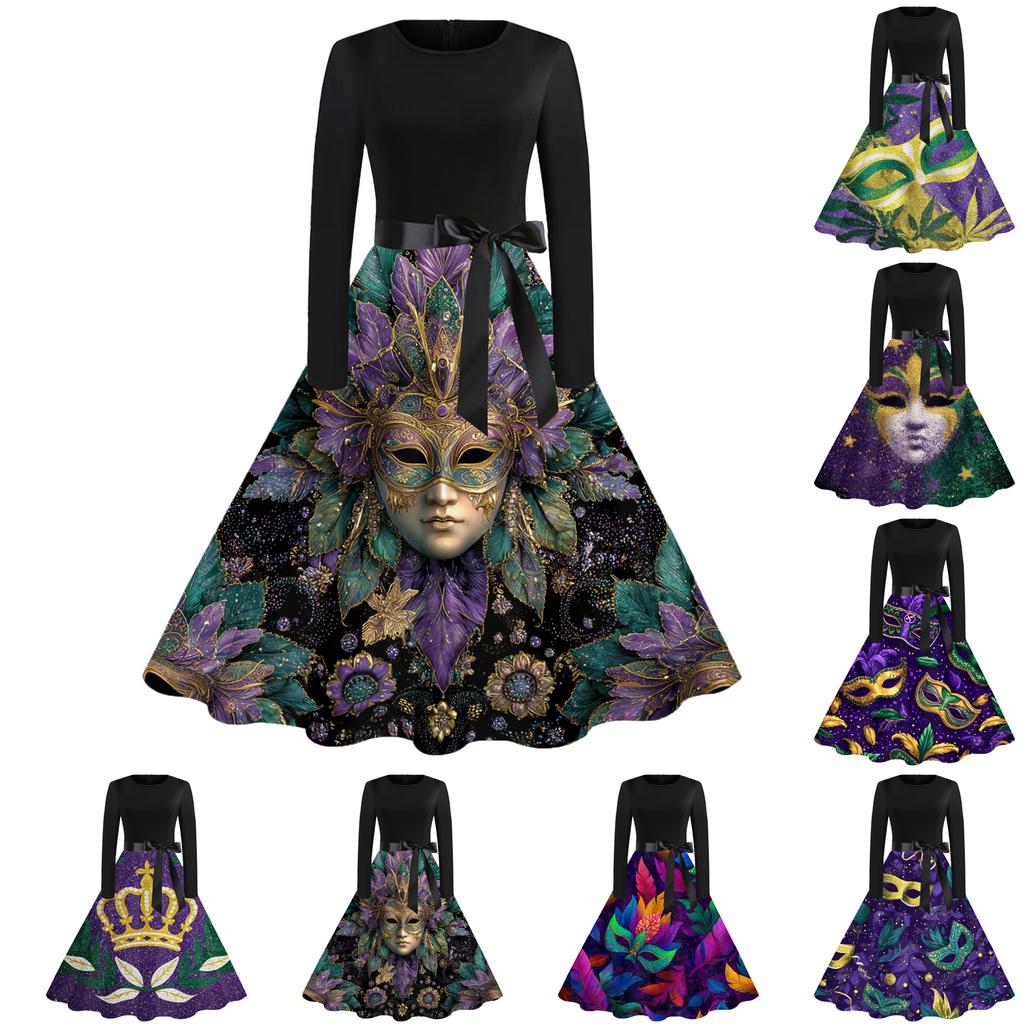 Damen Casual Mode Rundhals Karneval Bedrucktes Vintage Kleid