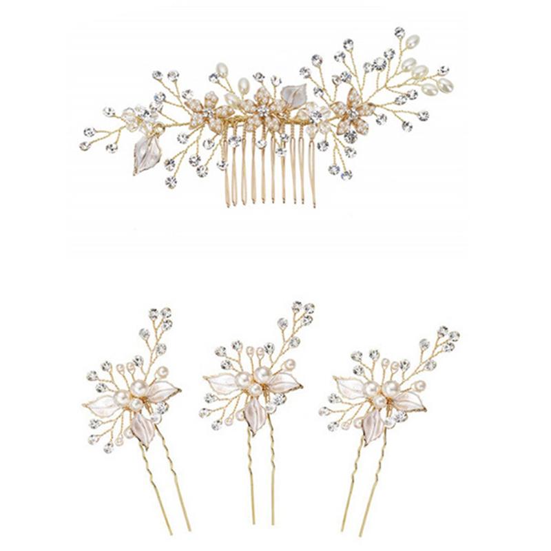 Women Gold Rhinestone Pearl Hair Comb Hair Clip Bridal Wedding Hair Accessories