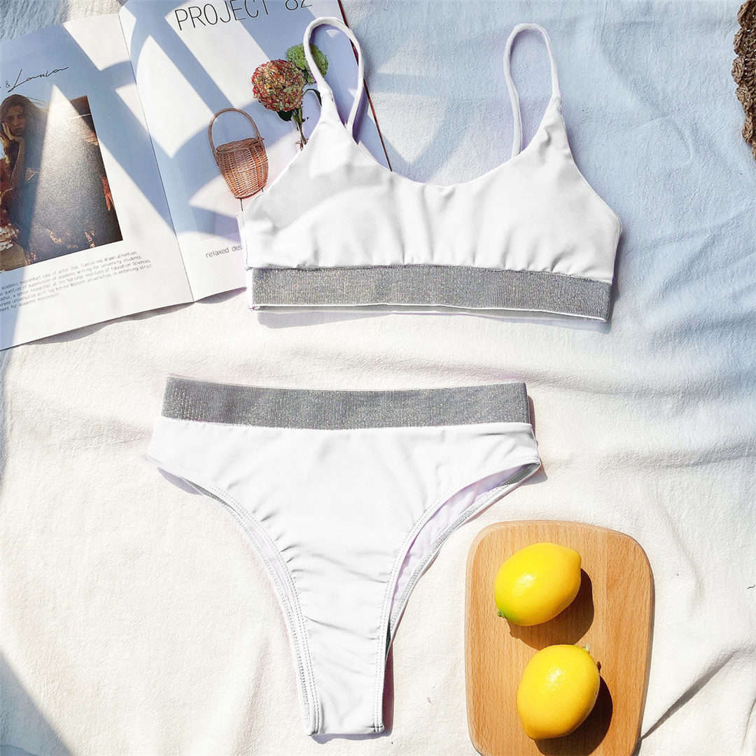 

Жіночий купальник з білою блискучою стрічкою, бікіні з високою талією 2024. Жіночий купальний костюм із двох частин, комплект бікіні, купальний костюм для купання L білий