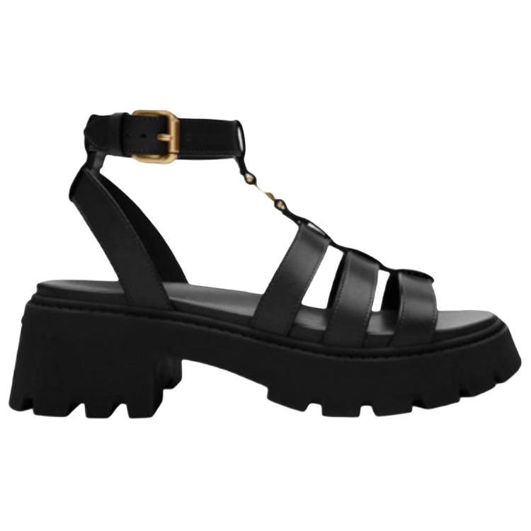 Coach Leather 3D C Logo Thick Sole Open Toe Buckle Comfortable Design Roman Sandals Women sandals Black CAR70-BLK
