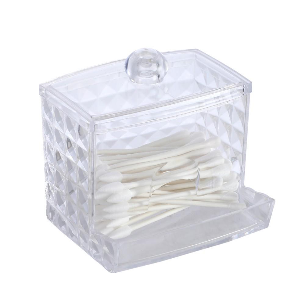 Set di tamponi di cotone rettangolari e scatola portaoggetti con coperchio per trucco, filo interdentale e stuzzicadenti.