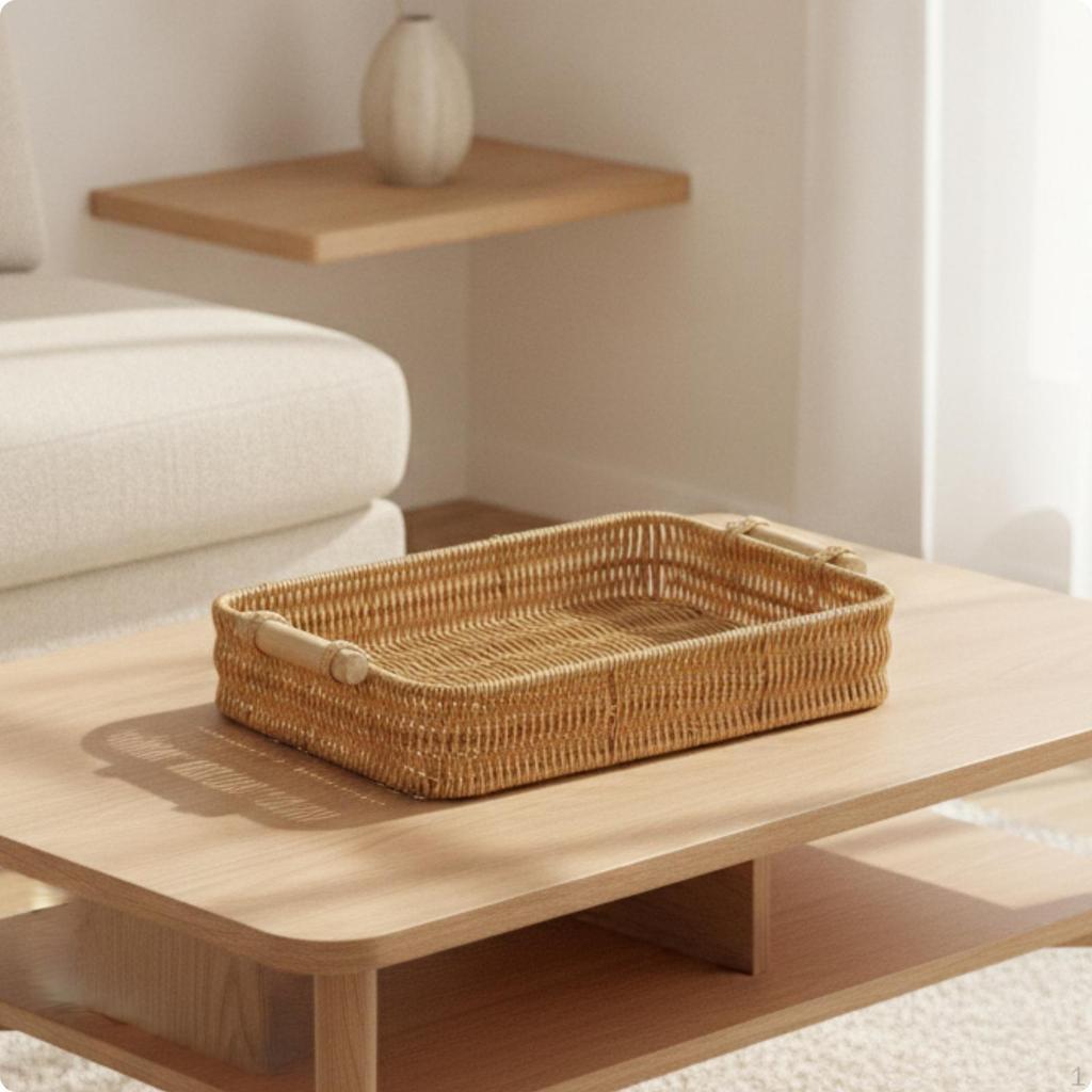 Woven Tray Basket with Handles Handwoven Wicker Serving Shallow Rectangular