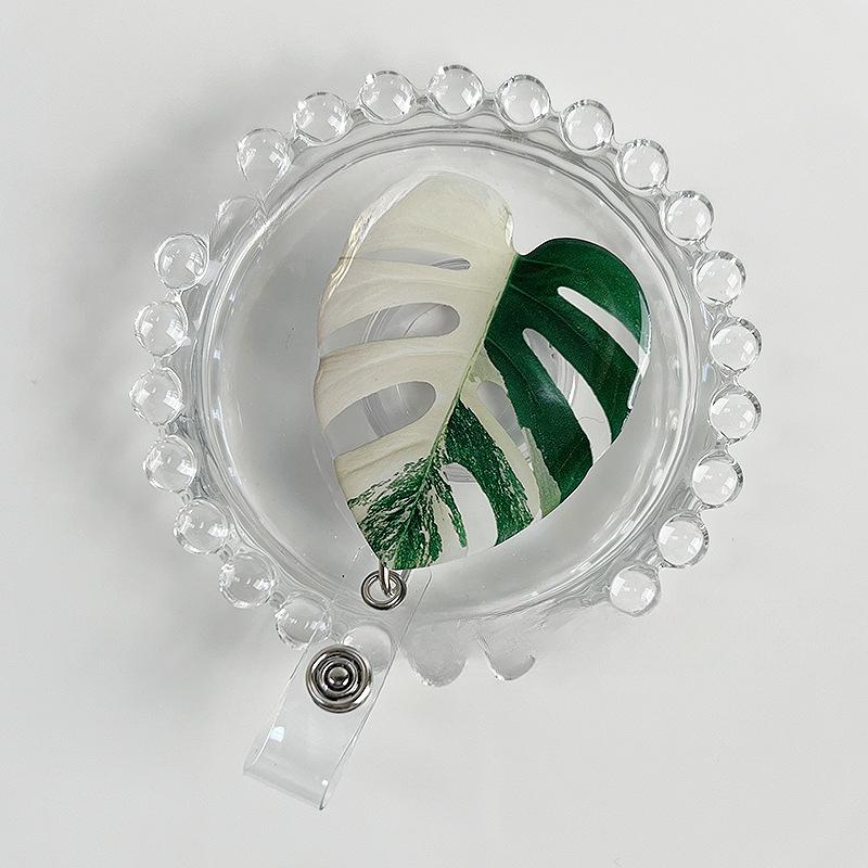 Acrylic Plant Leaf Cute Nurse Badge Reels Heavy Duty Retractable 360 Alligator Clip ID Holder For Student Doctor
