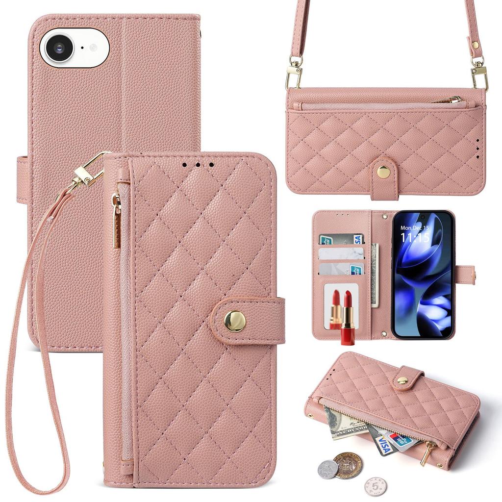 iPhone16e French Style Wallet Case: Card Slot, Zipper, Shoulder & Hand Straps, Crossbody Leather