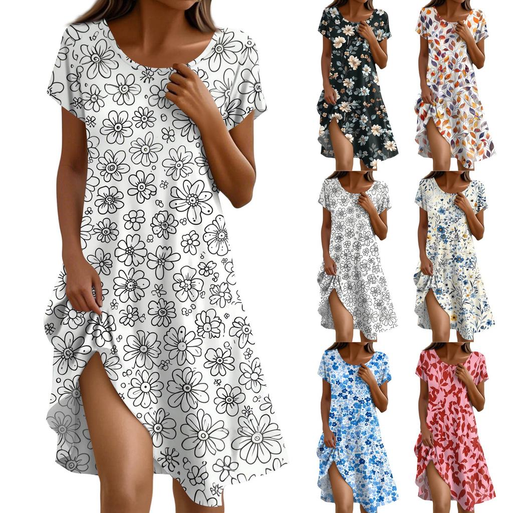 Short Sleeve Boho Dress For Women Casual Loose Fit Sundress Print Round Neck Dress With Pockets