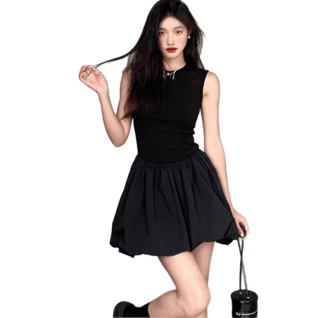 French Niche Black Sleeveless Dress Children's Summer Small Temperament Short Skirt High-end Waist Bud Skirt