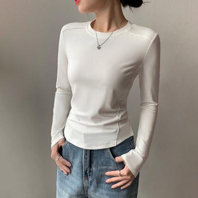 Women Bottom Tops Round Neck Long Sleeve Slim Fit Base Shirt Solid Color Soft Elastic Pullover Tops Daily Wear