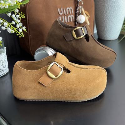 Cowhide Version~ 5CM Inner Height Increase Birkenstocks Women's Thick-soled Small Versatile Single Shoes Soft-soled Soft-faced Mary Jane Shoes