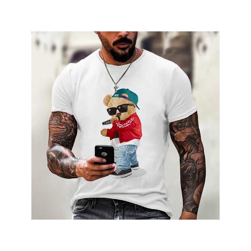 New Teddy Bear Printed Men's T-shirt Casual Round Neck Short Sleeve Summer Street Trend Hip Hop Harajuku Round Neck Large T