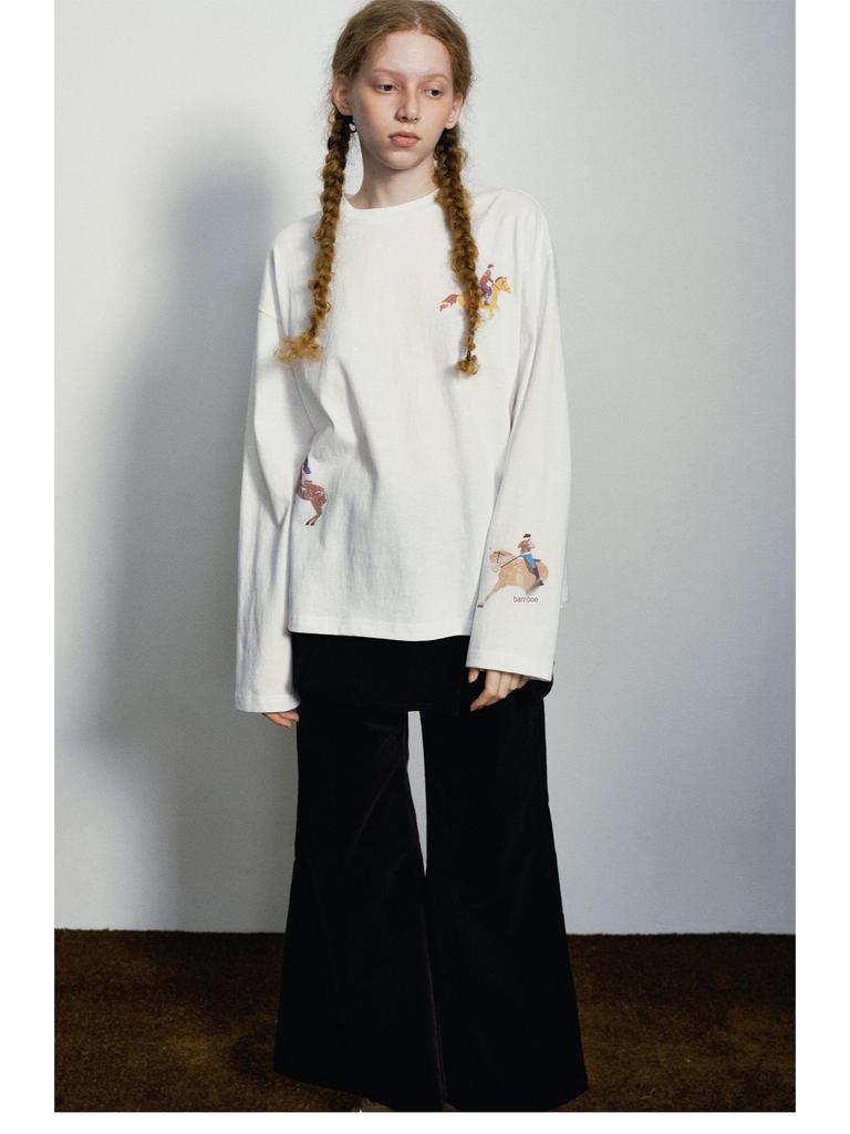 Dai He Early Spring Casual Color Block Horse Print Long Sleeve T-Shirt