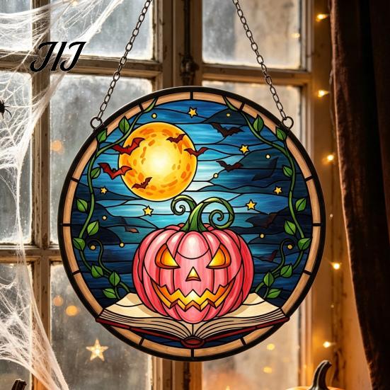 Decorative Hanging Ornaments for Windows Halloween Pumpkin Suncatcher, Stained Glass Style Round Window Ornament, Acrylic Decorations Full Moon