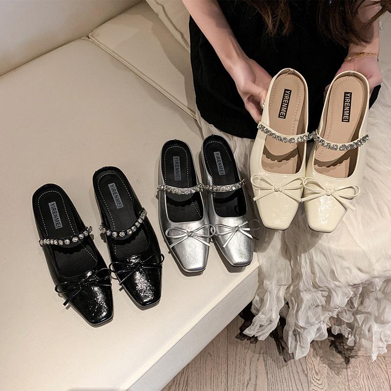 Mary Jane shoes women's spring and summer 2025 new French bow rhinestone square head sandals bag head thick heel slippers women