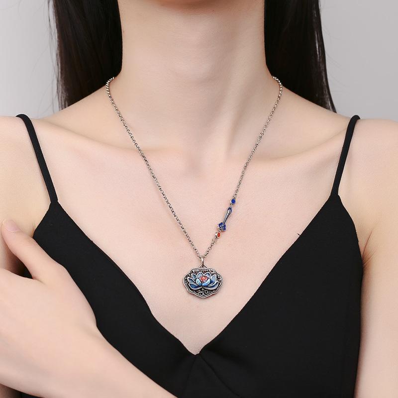 Vintage Enamel Lotus Peace Lock Necklace Ethnic Style Accessories