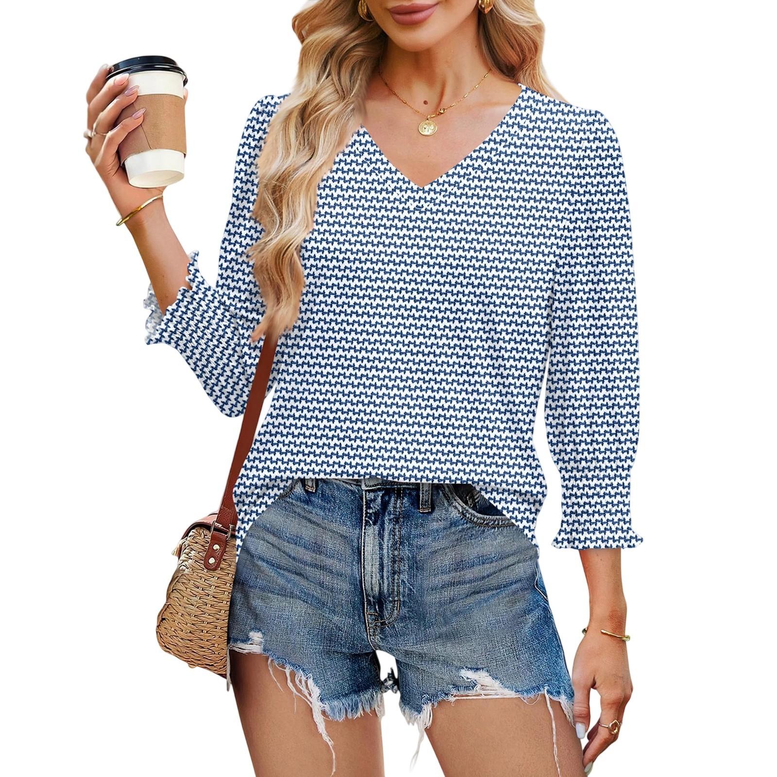 

3/4 Sleeve Tops For Women T-Shirt Casual Print Tops T Shirt Round Neck Pullover Blouse L синій