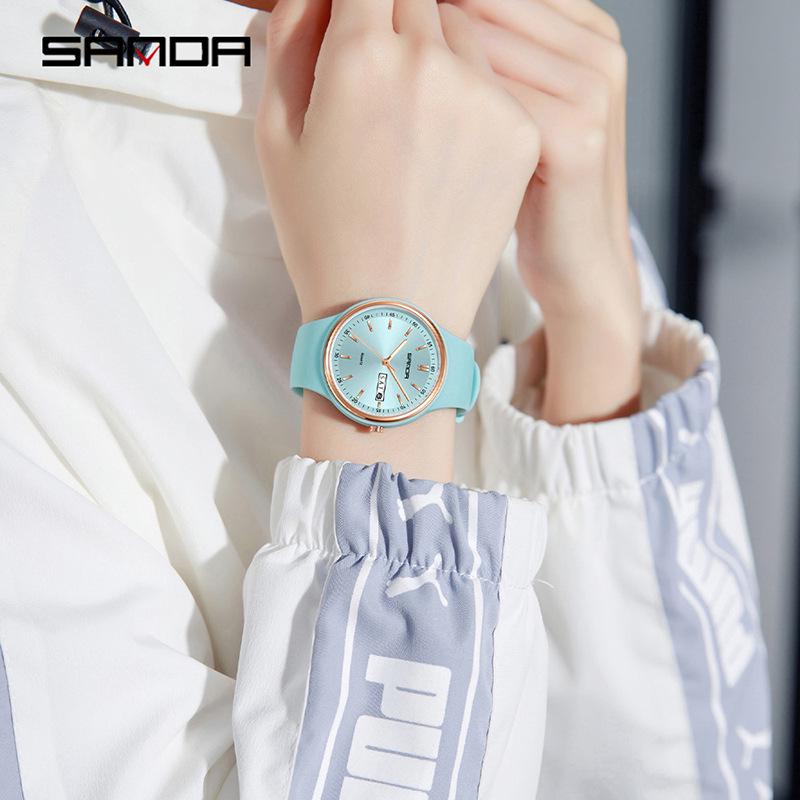 Sanda Unisex Quartz Watch with Calendar, Fashionable Silicone Waterproof Wristwatch for Teens