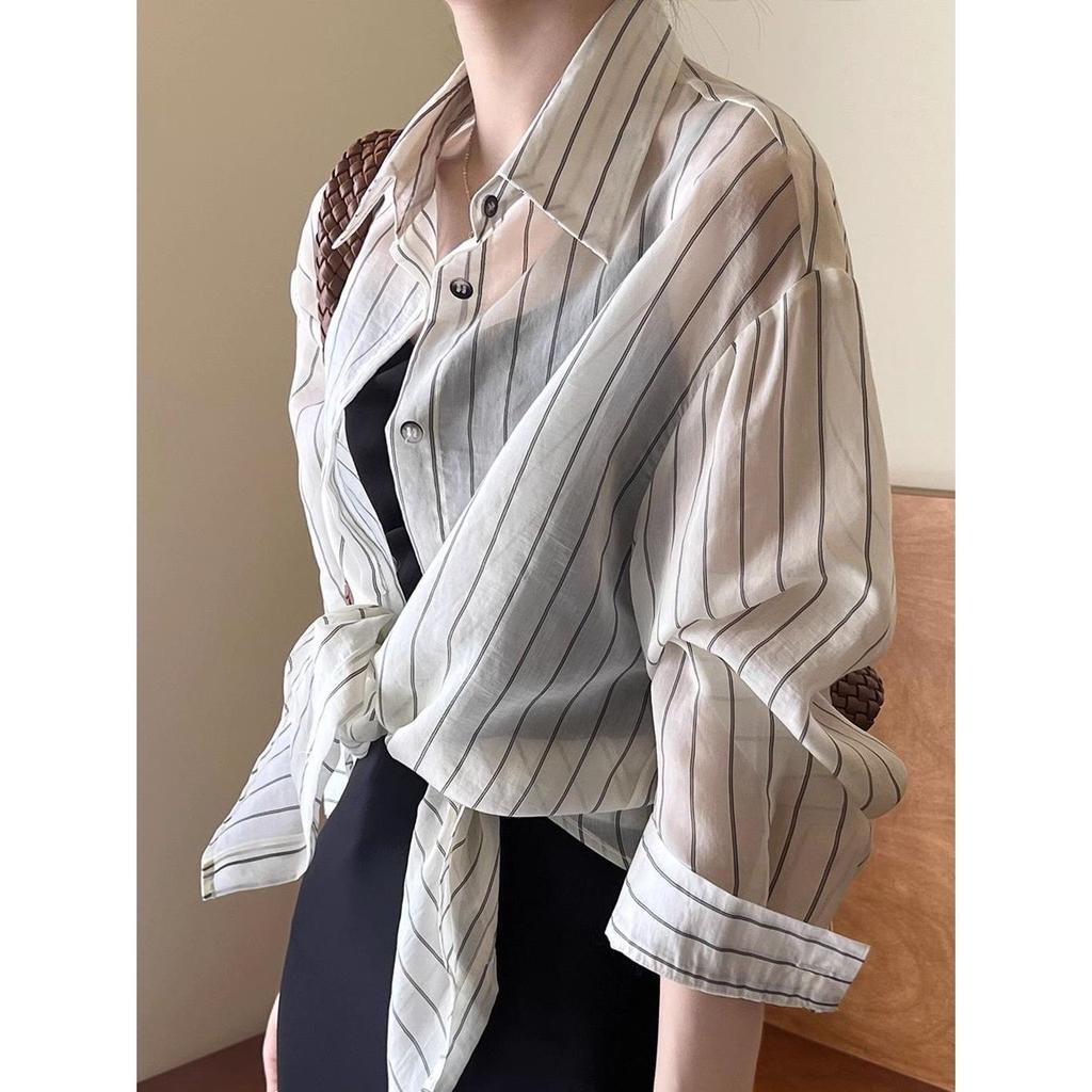 Large Size Ice Silk Striped Shirt for Women In Summer Thin Breathable Versatile Sunscreen Cardigan Jacket,Top