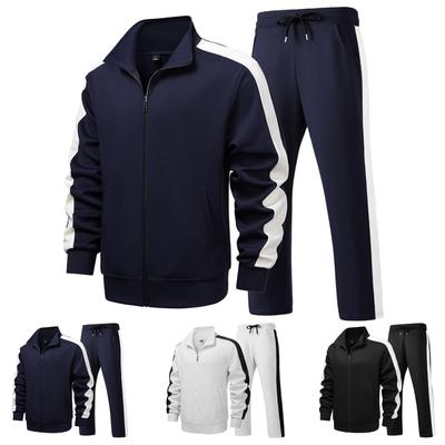 Men's Casual And Fashionable Long-sleeved, Lapel, Color-blocking Zipper Jacket, Long Pants And Sporty Slim-fit Suit