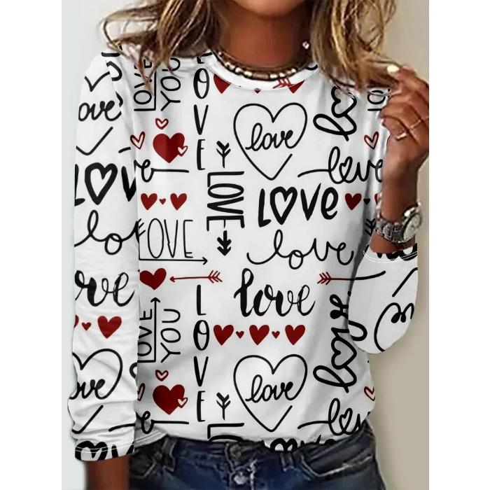 Rundhals 3D-bedrucktes Liebesmuster Top Modische Lässige Langarm Damen T-Shirts