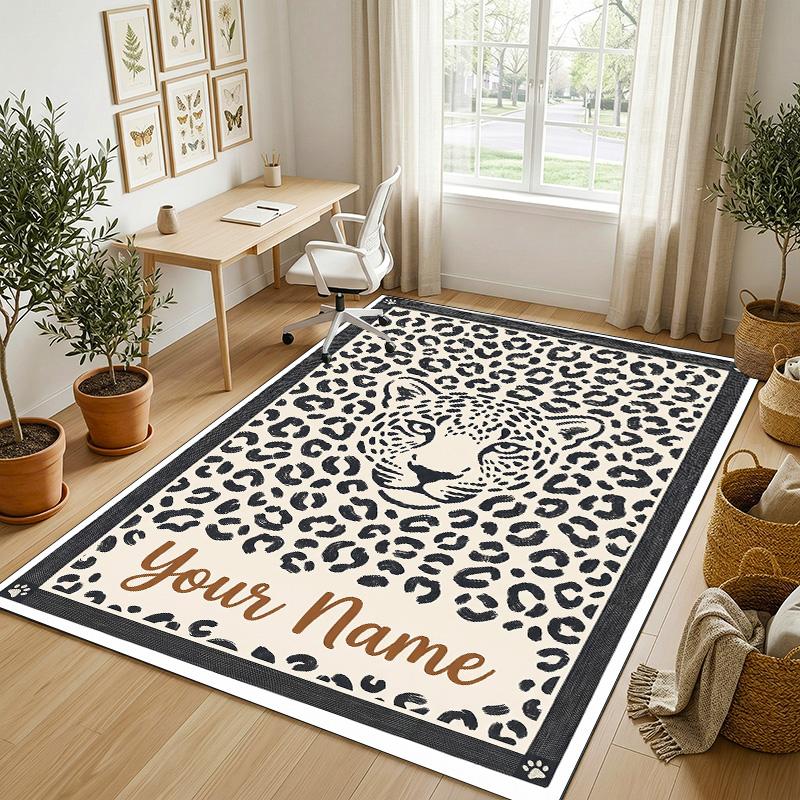 Leopard Print Theme Soft Crystal Velvet Rug Custom Name & Text Print Non Slip Floor Rug for Bedroom Living Room