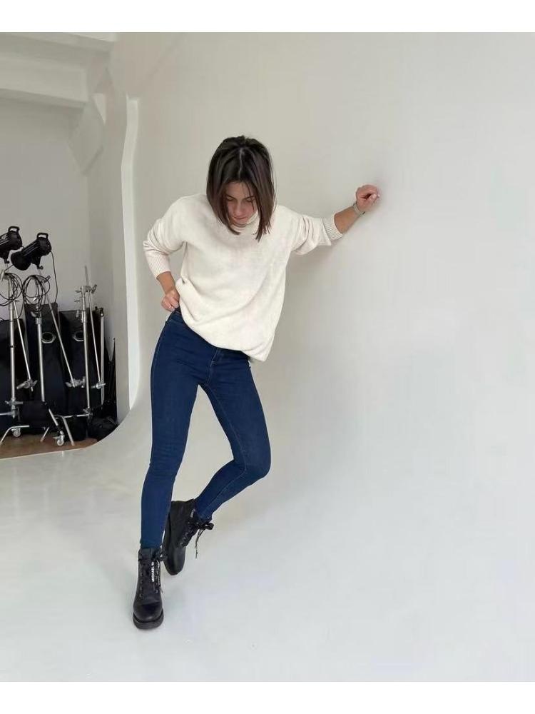 

Вязаный свитер с высоким воротником для женщин Осень Зима Свободный Базовый Однотонный Пуловер Роскошный Расслабленный крой Стройнящий и Универсальный топ One size бежевый