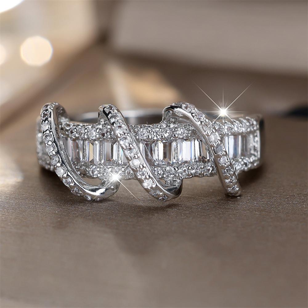 Geometric Crystal White Zircon Rings For Women Classic CopperColor Engagement Bands Wedding Jewelry