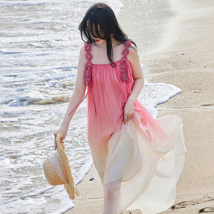 Французский Отпуск Градиентный Макси-платье на Бретельках из Шифона - Женская Пляжная Отпускная Летняя Юбка S