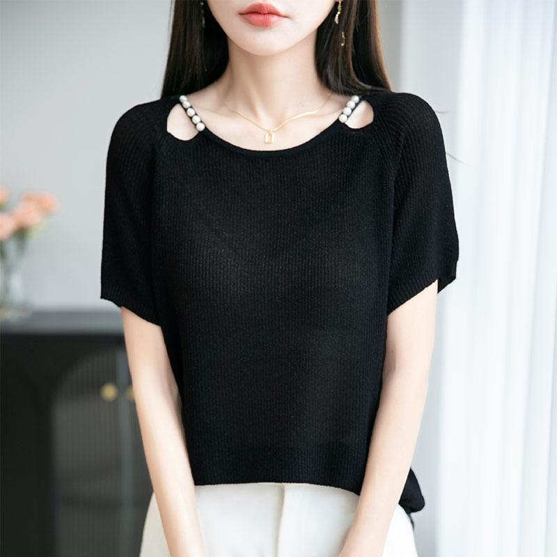 Summer's New Versatile Short-sleeved Knitted Short-sleeved Women's Round-neck, Hollowed-out Collarbone Beaded Versatile Top T-shirt Base Layer