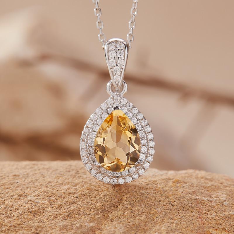 Droplet-Shaped Luxury Diamond-Set Natural Amethyst Citrine Garnet Topaz Necklace Women'S S925 Sterling Silver Colored Jewelry
