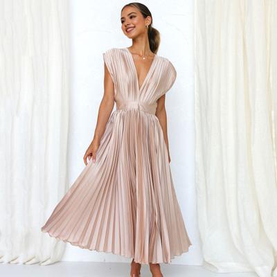 Robe sans manches à col en V pour femme Été Décontractée Ample Fermeture éclair Robe plissée Élégante