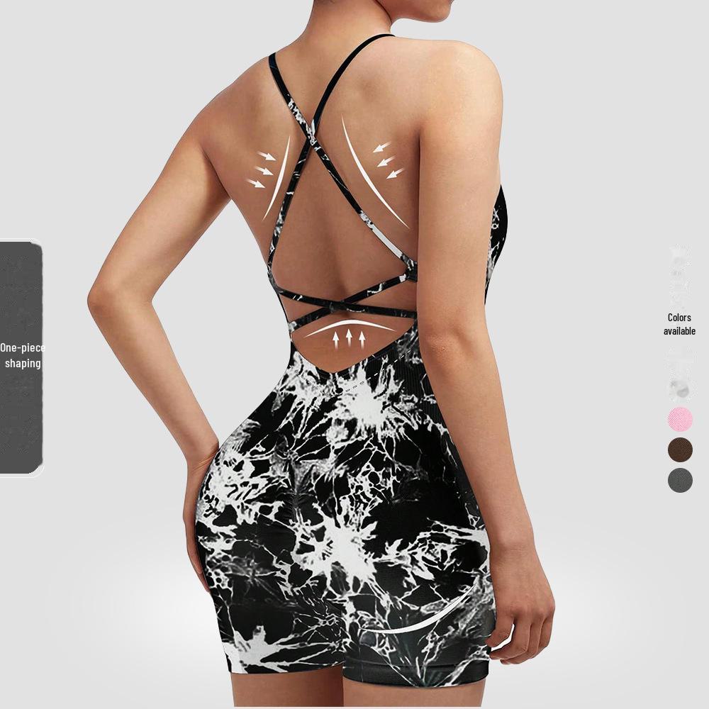 Nahtloser Yoga-Anzug mit Brustpolster - Damen Einteiler Fitness-Shorts & Schönes Rückendesign