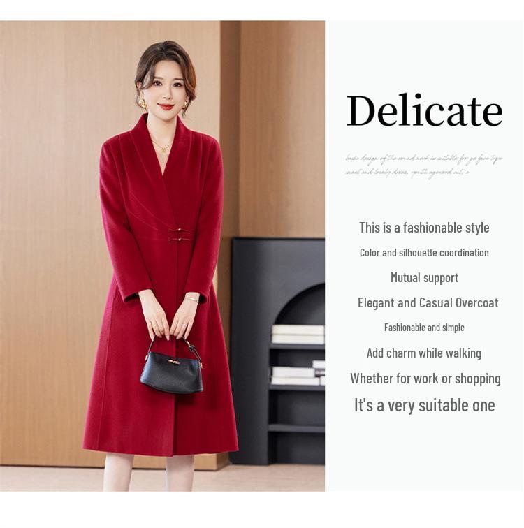 Women's Red Double-Sided Long Wool Coat - 2025 Autumn/Winter Slimming Over-the-Knee Style