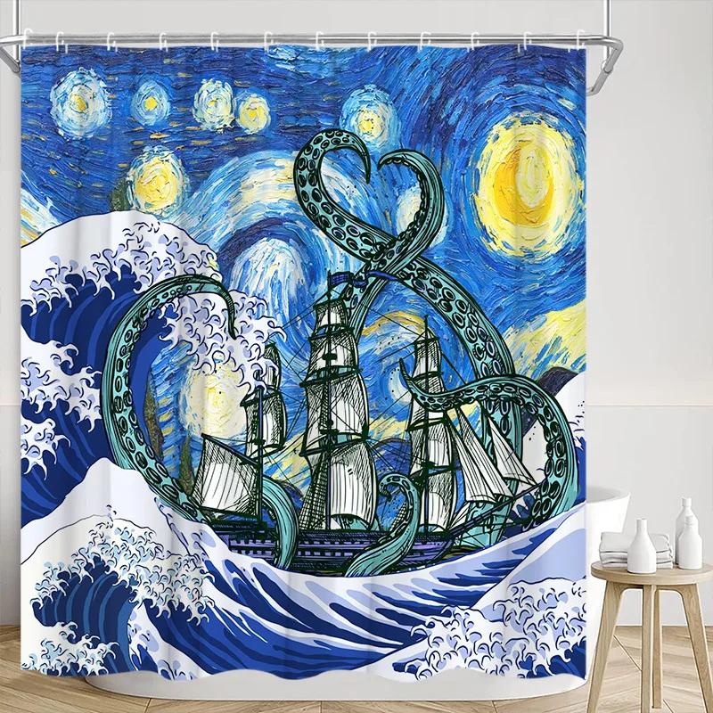 Vintage Nautical Shower Curtain Lighthouse Ship Anchor Octopus Starry Sailboat Adventure Polyester Fabric Bathroom Decor Curtain