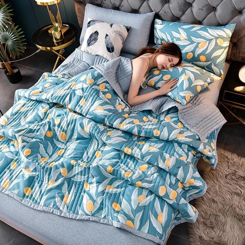 Summer Washed Cotton Quilt Air-Conditioning Comforter Soft Breathable Blanket Thin Leaf Print Bedspread Bed Cover Home Textiles