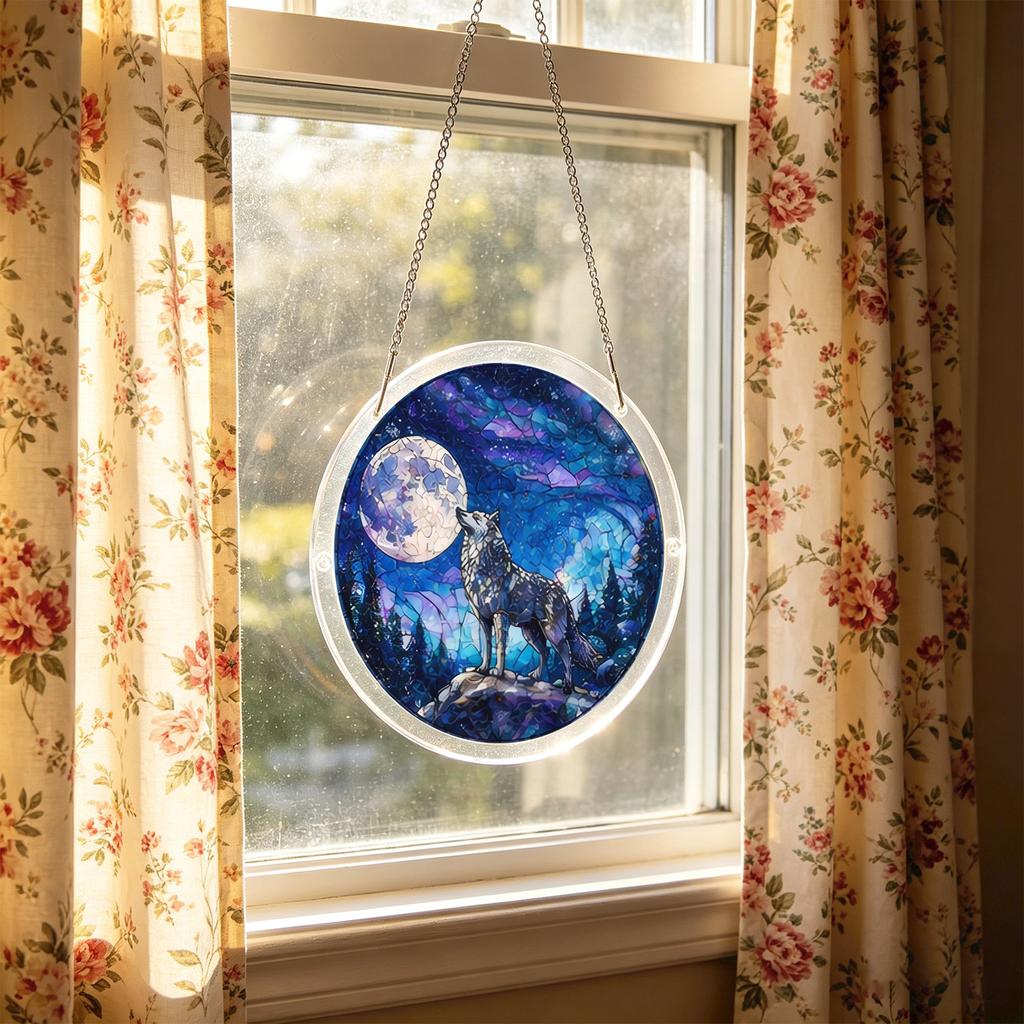 Acrylic Puzzle Sun Catcher Window Hanging Decoration 2D Circular Design Featuring Wolf Howling At Moon with Forest Background