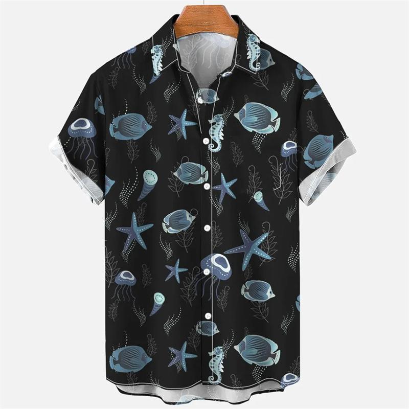 Marine Life Print Lapel Short Sleeve Men Shirt, Lightweight Loose Summer Casual Button Down Clothing
