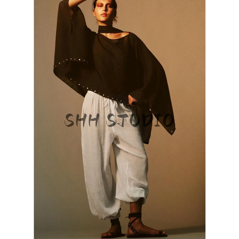 Spring New Women's Clothing Casual Style Lyocell Blended Rivet Scarf V Neck Wide Sleeve Cloak 3067719