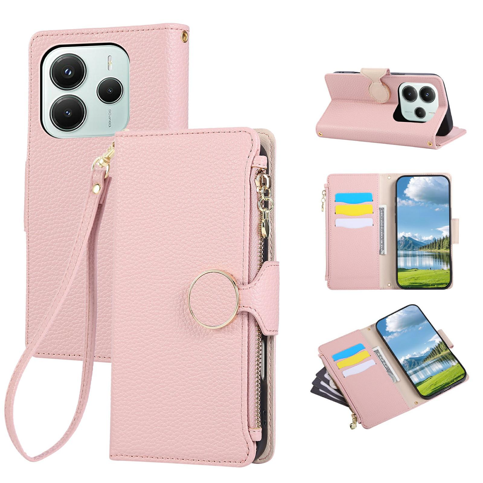 

For Xiaomi Redmi Note 14 5G Case Zipper Wallet Leather Phone Cover with Wrist Strap Pink