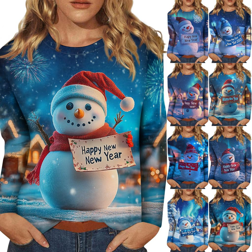 Women's Casual Fashion Sexy Comfortable Christmas Printed Round Neck Long Sleeve Top