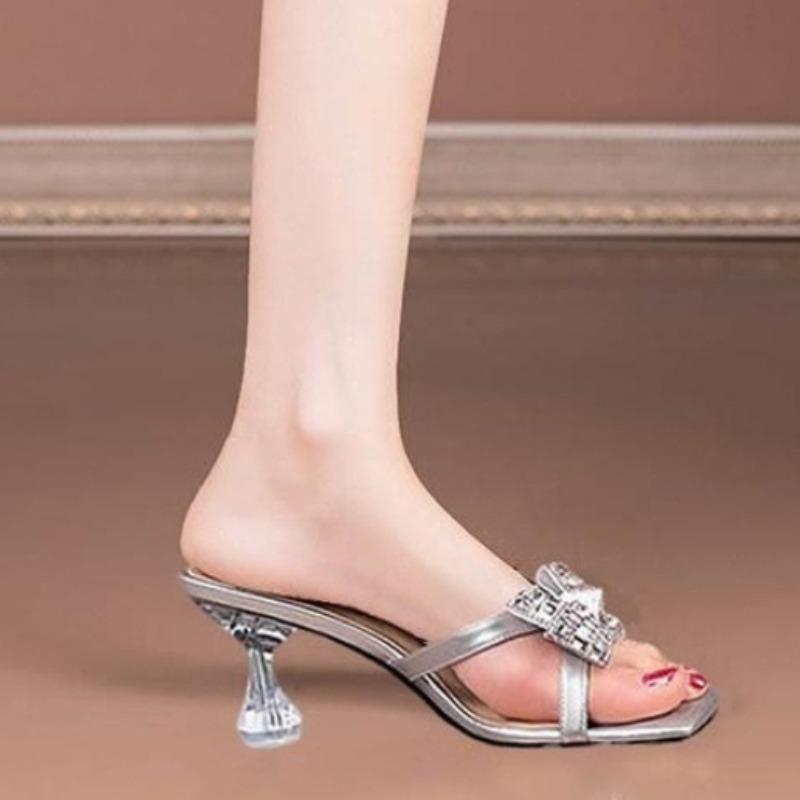 New Women High Heels Water Diamond Flower Sandals with Transparent Thick Bottom Women Shoes Party Dress PVC Slippers Mules Shoes
